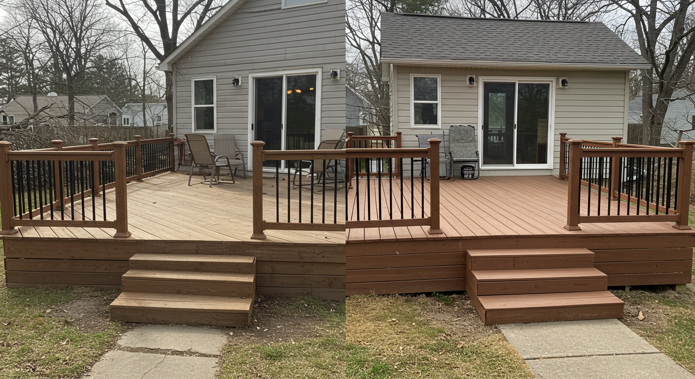 A split image showing a worn-out, old deck on one side and a newly built, modern deck on the other. The transformation highlights the quality of work by deck builders in Warren, MI.