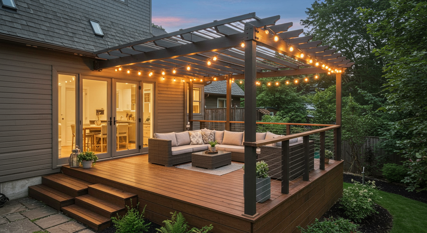 An elevated deck with a modern pergola, string lights, and a cozy seating area. The deck overlooks a landscaped garden, showcasing how additional features can enhance the outdoor space.