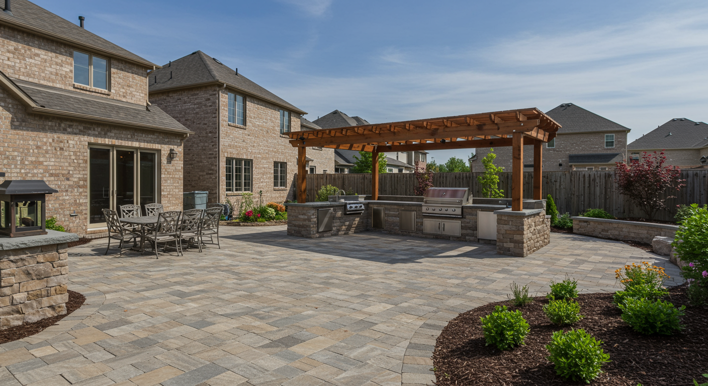 A panoramic view of a backyard transformation, showcasing a combination of a custom patio, outdoor kitchen, and landscaped garden. The image highlights the seamless integration of various outdoor elements.