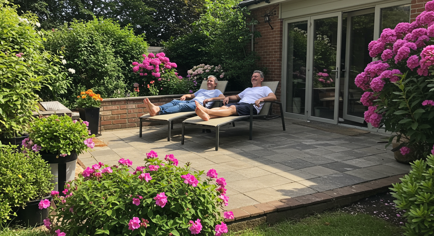 A happy couple relaxing on their newly constructed patio, surrounded by blooming flowers and greenery. The image captures the joy and satisfaction of having a beautiful outdoor space.