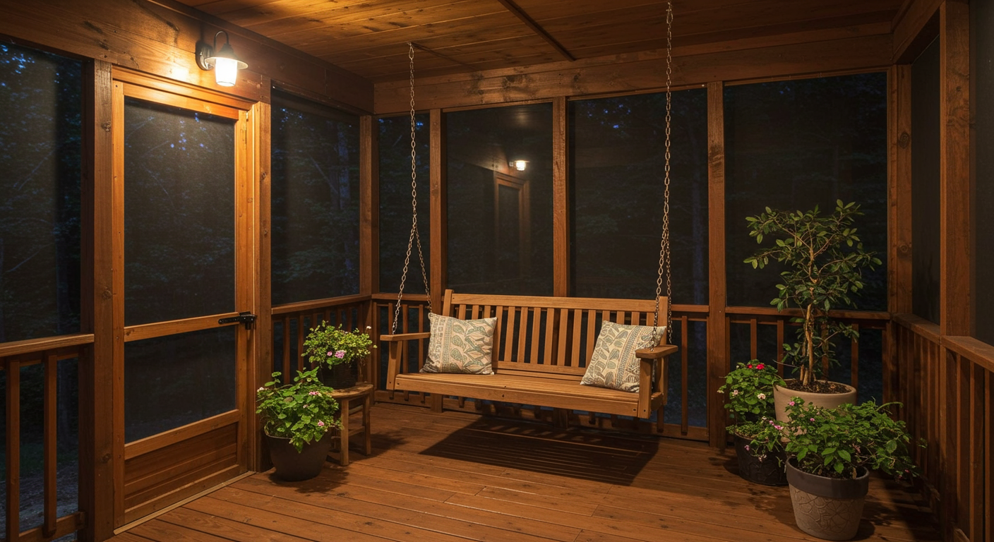 A cozy screened-in porch with a rustic design, featuring a wooden swing and potted plants. The setting is illuminated by soft, warm lighting, creating an inviting atmosphere for relaxation.