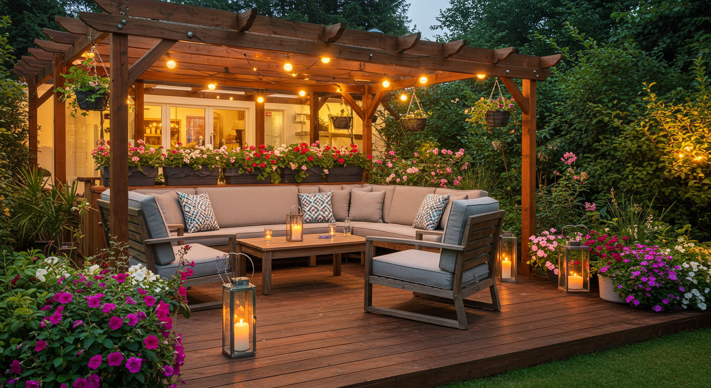 A beautifully designed wooden deck adorned with comfortable outdoor furniture, surrounded by lush greenery and colorful flowers. The setting captures a serene evening ambiance with soft lighting.