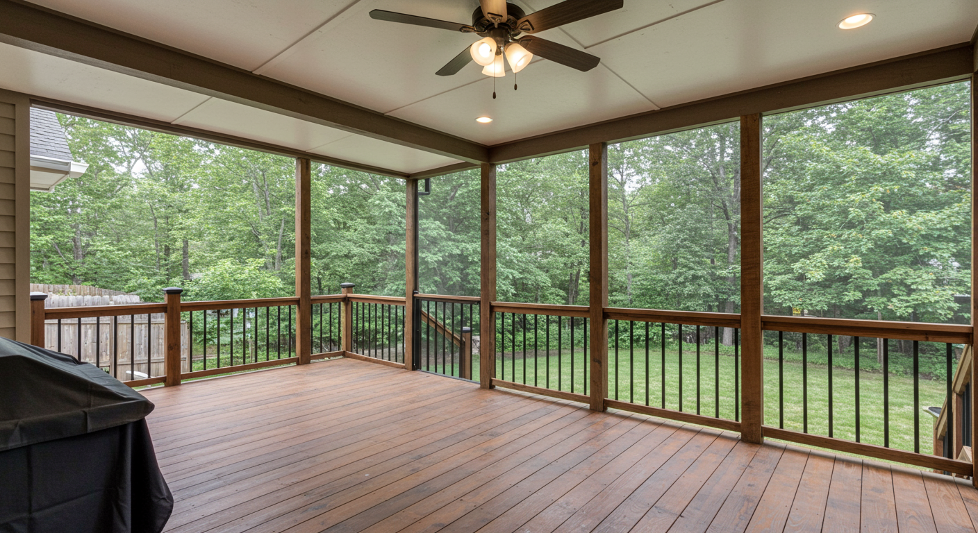 A modern deck with a screened-in porch featuring large windows, allowing natural light to flood the space, with a view of a serene backyard.