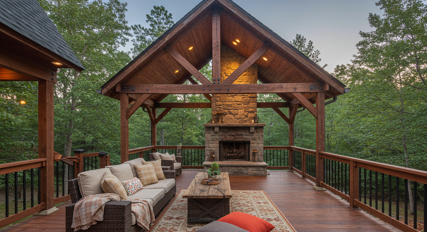 Rustic Covered Deck with Fireplace