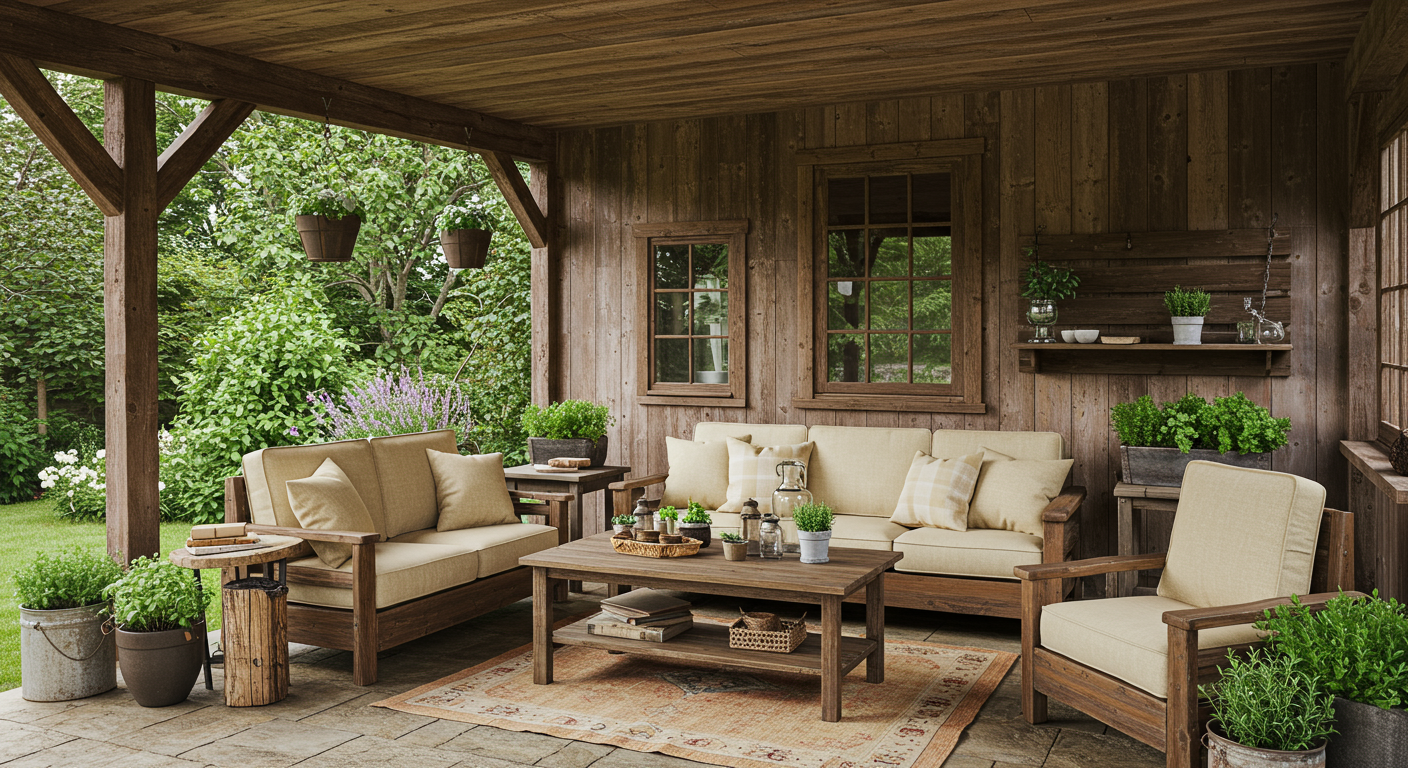 Rustic-themed under porch patio with reclaimed wood furniture and a vintage coffee table