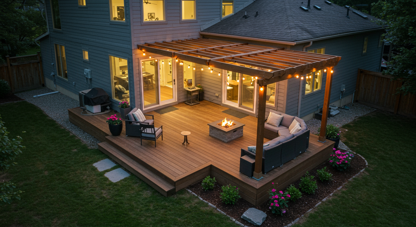Aerial shot of a modern wooden deck with a pergola in Ann Arbor, MI.