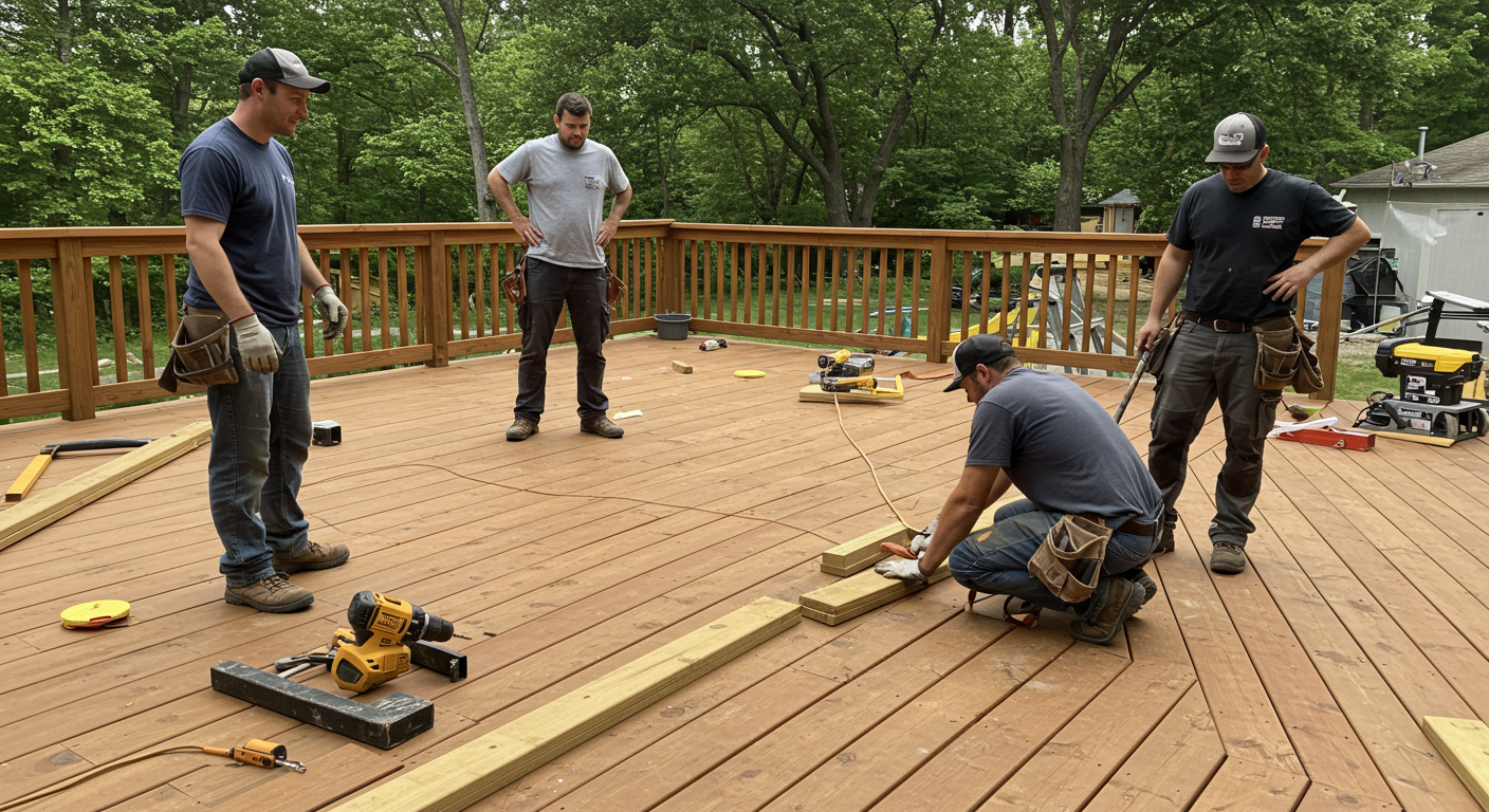 A team of professional deck builders working on constructing a deck in Ann Arbor. The image captures the process, with tools and materials like wood planks and power drills, emphasizing craftsmanship and expertise.