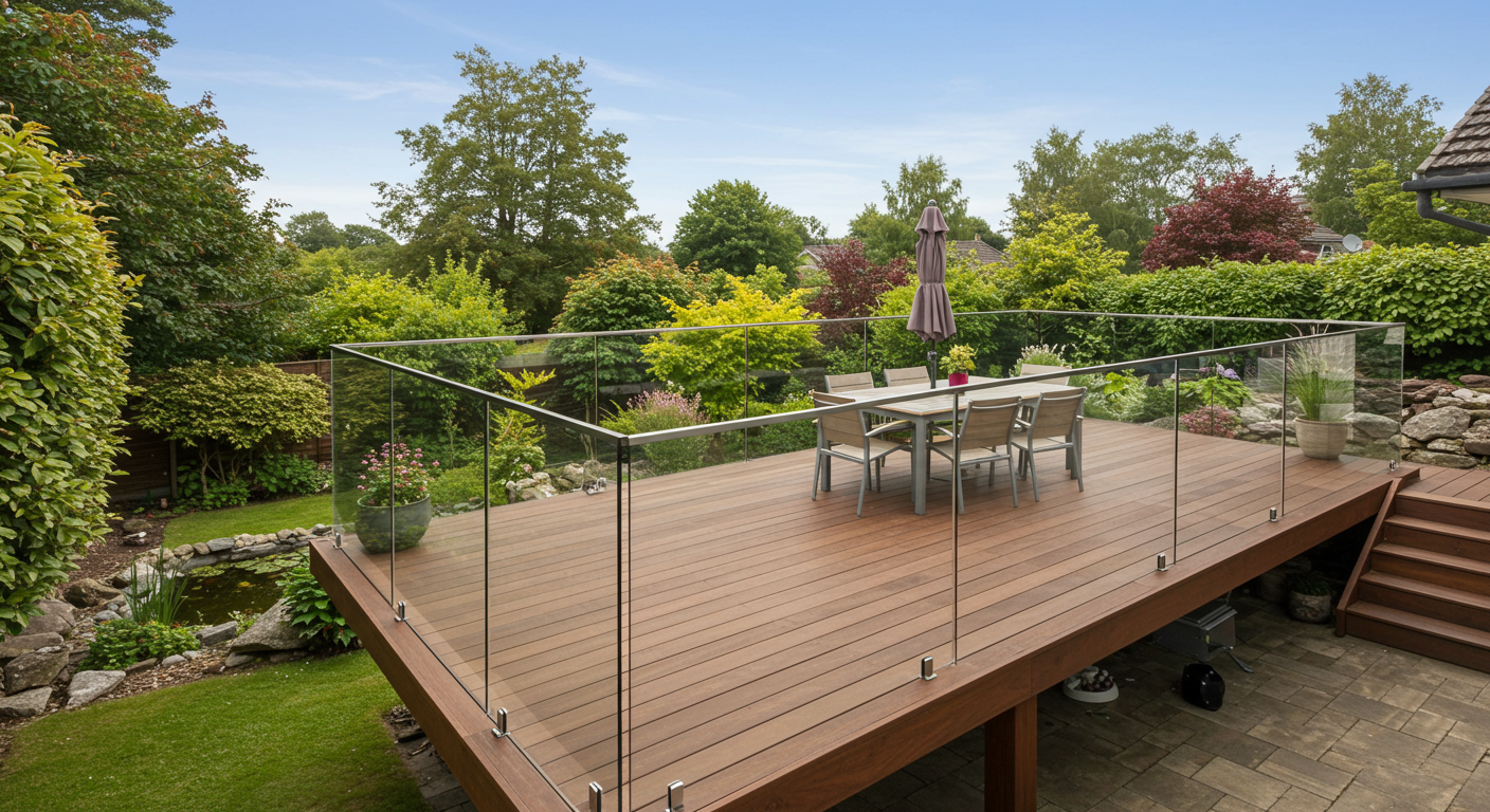 An elevated deck with a glass railing, overlooking a scenic backyard with a garden and a small pond. The deck includes a dining area with a table and chairs, perfect for outdoor meals.