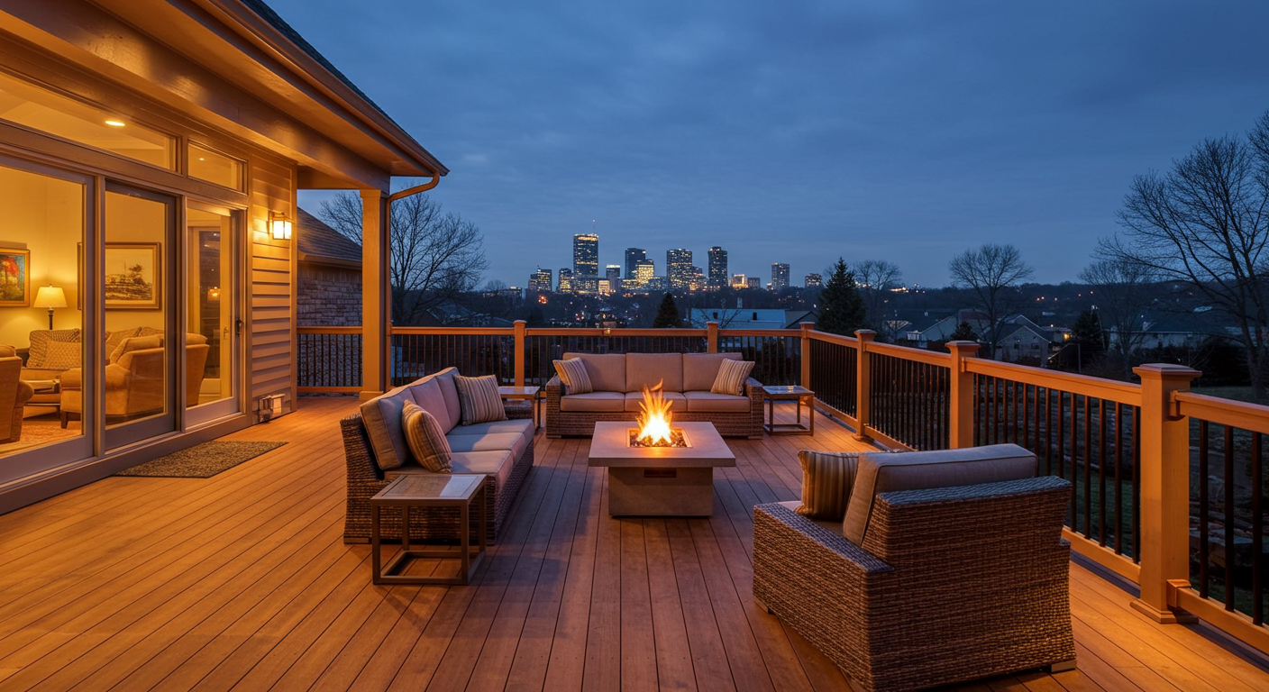 A stunning evening shot of a custom deck illuminated by soft outdoor lighting. The deck features a fire pit, comfortable seating, and a view of the Ann Arbor skyline in the distance. The warm lighting creates a relaxing and inviting ambiance.