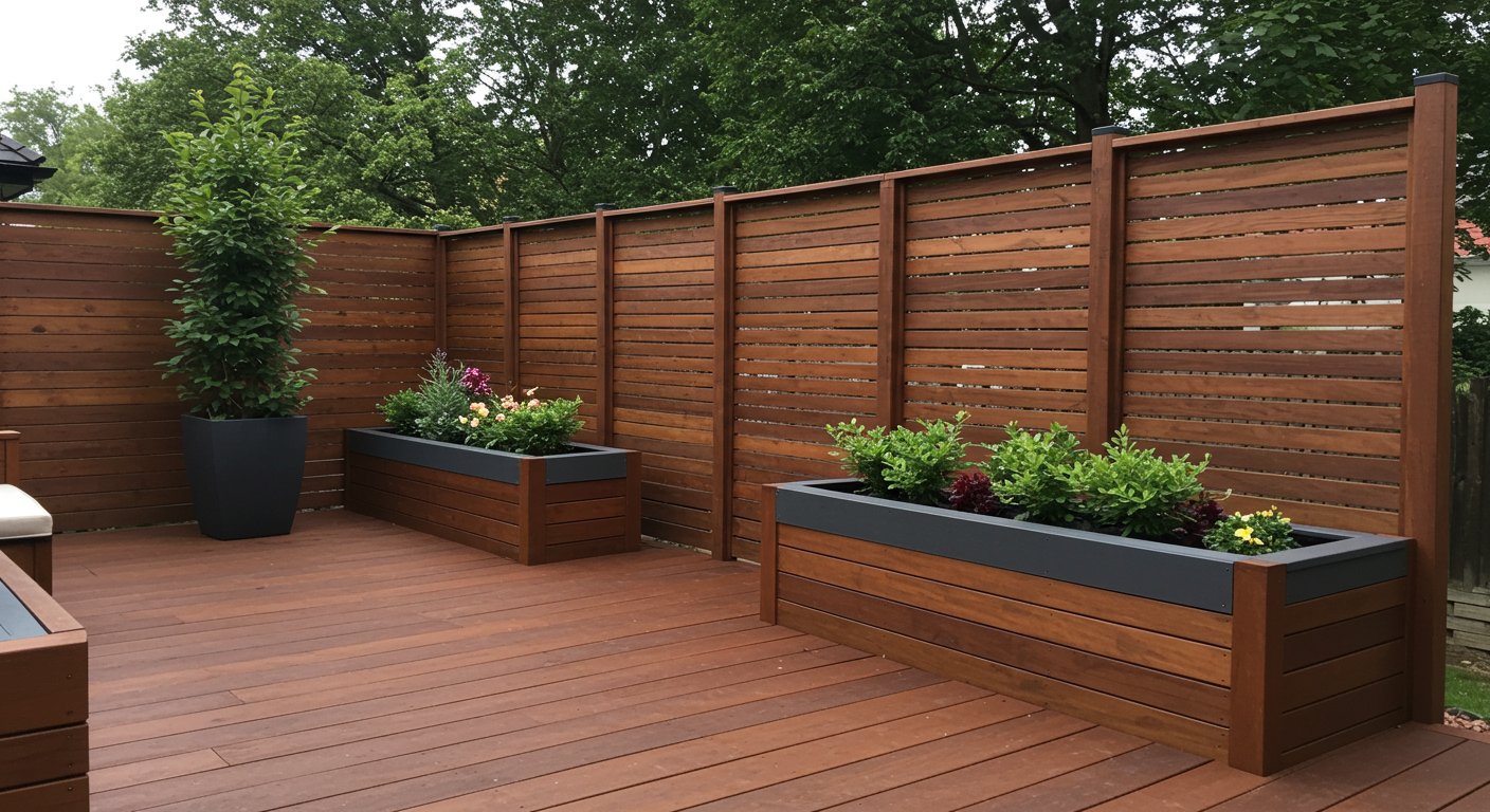 A sleek, modern deck design with built-in privacy screens and planters. The deck overlooks a serene backyard, emphasizing a balance of style, privacy, and outdoor living.