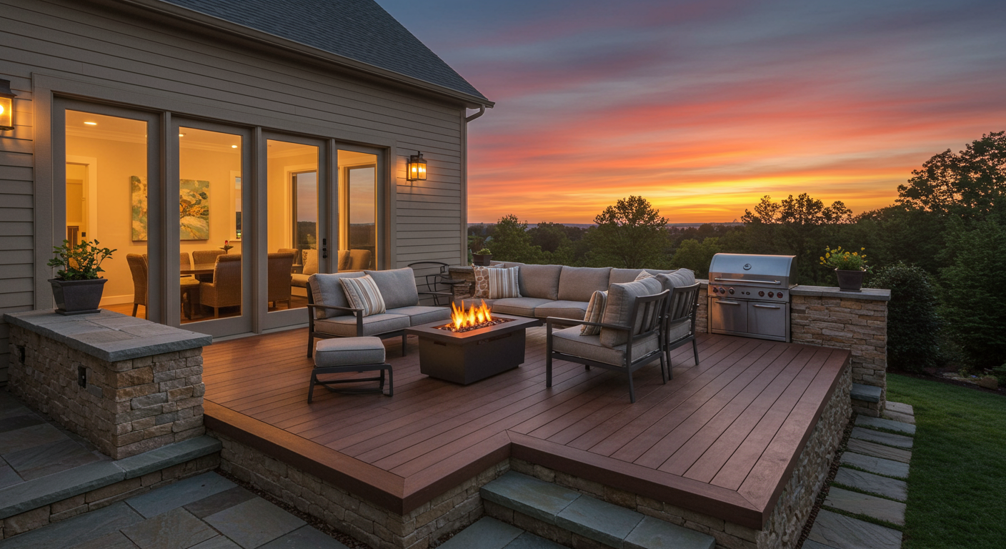 An elegant patio deck featuring a combination of stone and wood materials. The deck is adorned with modern outdoor furniture and a fire pit, set against a backdrop of a sunset sky.