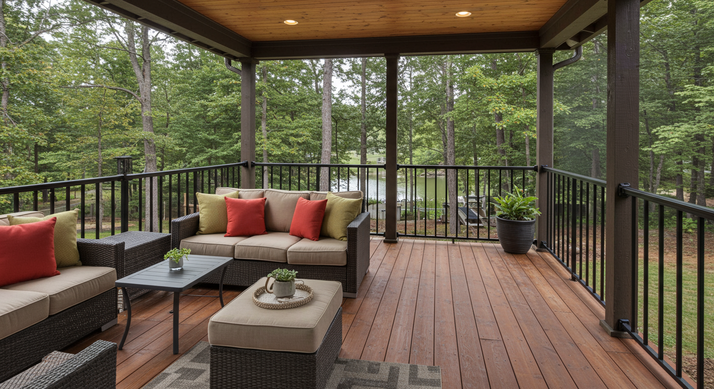 A contemporary deck over a screened porch featuring sleek lines and modern furniture. The deck is adorned with stylish outdoor decor and overlooks a scenic view, such as a lake or wooded area. The image conveys a sense of luxury and relaxation, ideal for upscale outdoor living.