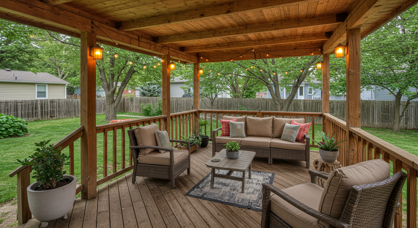 A beautifully designed covered back porch featuring comfortable seating, potted plants, and warm lighting. The porch is made of natural wood with a rustic charm, surrounded by a lush green backyard typical of Flint's residential areas.