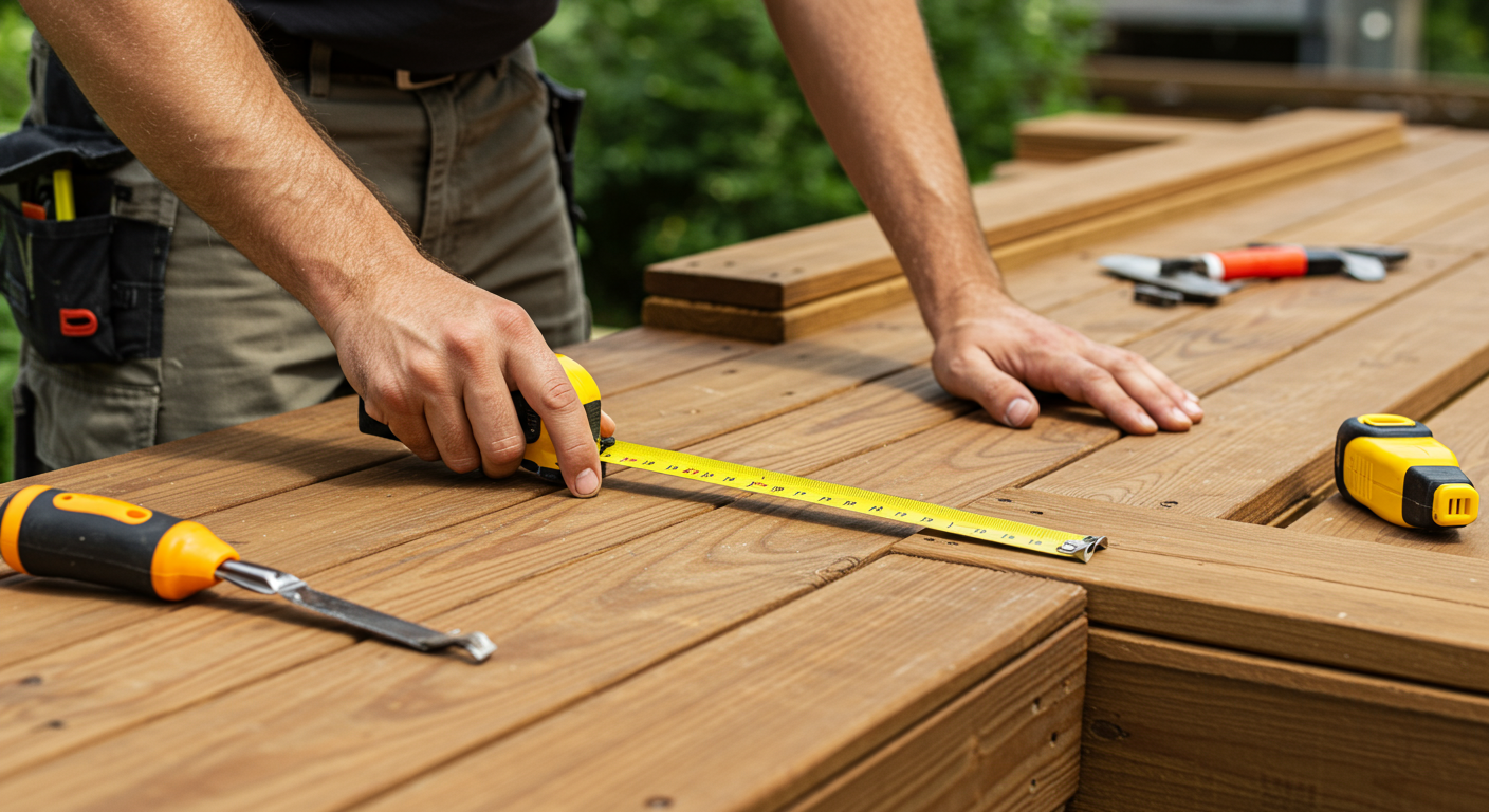A skilled deck builder is shown meticulously measuring and cutting wood for a deck, surrounded by tools and materials. The focus is on the builder’s hands and the precision of the work.