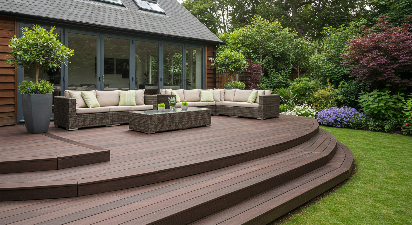 An elegant curved deck that seamlessly integrates with a landscaped garden. The deck is adorned with modern outdoor seating and decorative plants, showcasing a stylish outdoor living space perfect for entertaining.