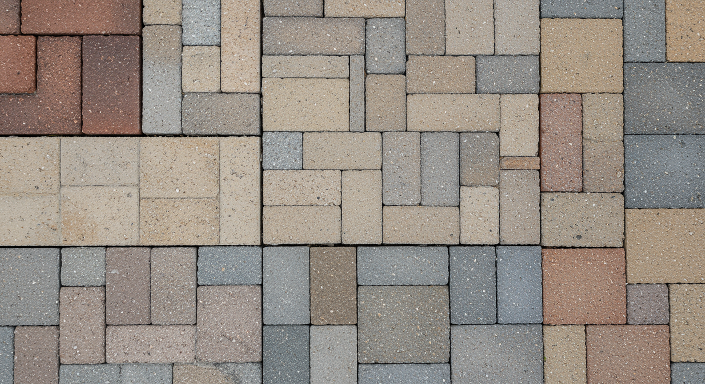 A close-up shot of different patio materials such as stone, brick, and pavers displayed together. This image emphasizes the variety of options available for homeowners looking to customize their patios.