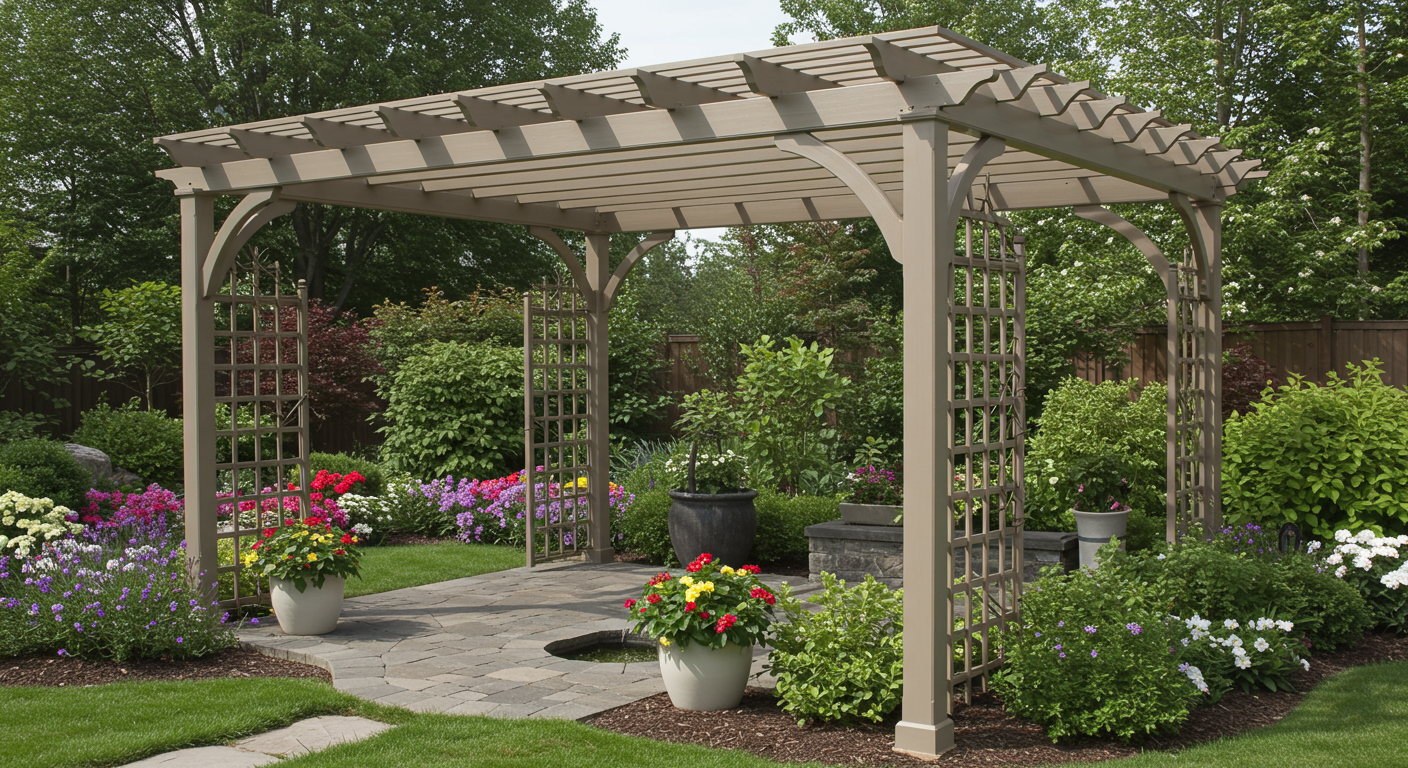 A traditional enclosed pergola made of vinyl, featuring elegant arches and decorative elements. The setting includes a vibrant garden and a small water feature, enhancing the tranquil atmosphere.