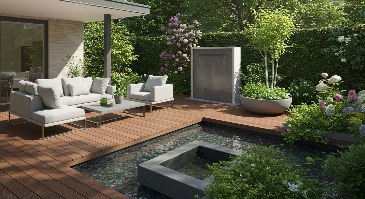 A modern patio deck incorporating a stylish water feature, surrounded by minimalist furniture and greenery, creating a tranquil and inviting outdoor environment.