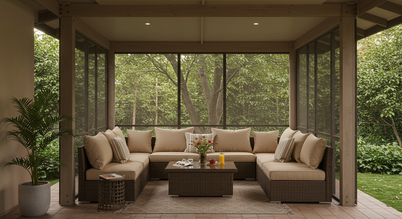 A warm and inviting screen room featuring comfortable outdoor furniture, surrounded by lush greenery.