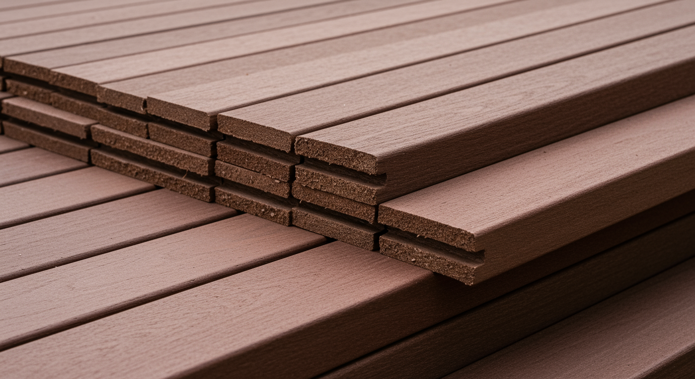 A close-up shot of high-quality decking materials, such as treated wood and composite boards, arranged neatly. This image emphasizes the quality of materials used by local deck makers in Saginaw, MI.