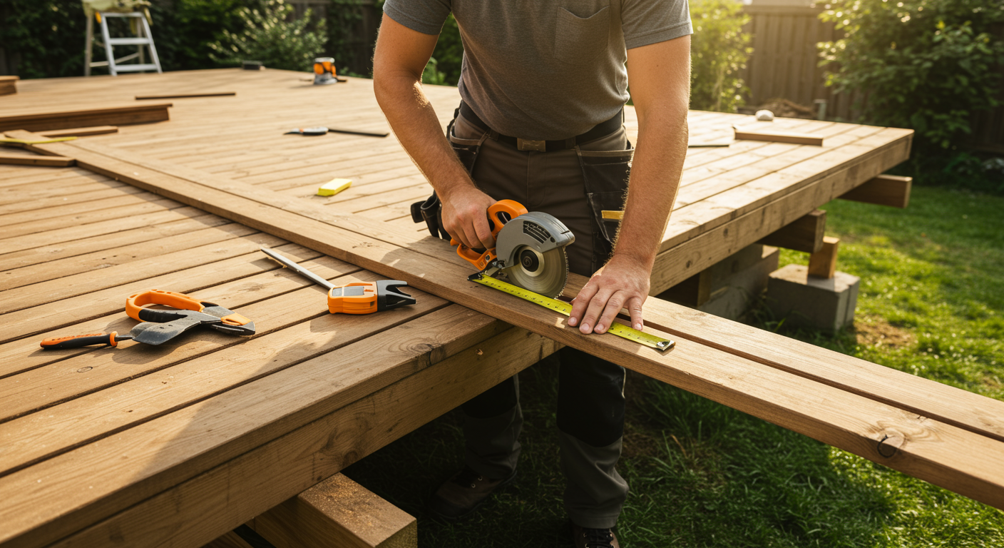 A skilled contractor measuring and cutting wood for a deck, showcasing the craftsmanship involved in deck construction.