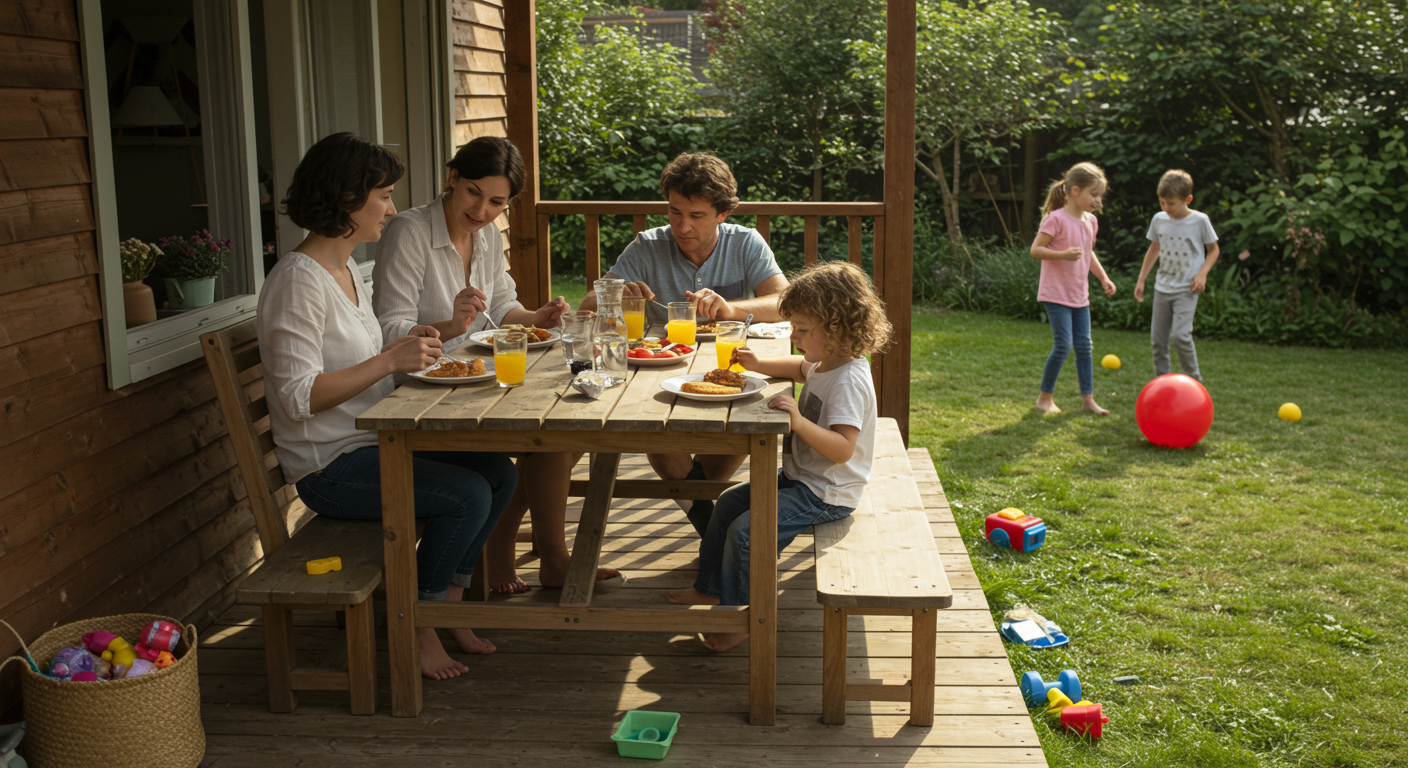 A family gathered on a porch deck, enjoying a meal together, with children playing nearby.