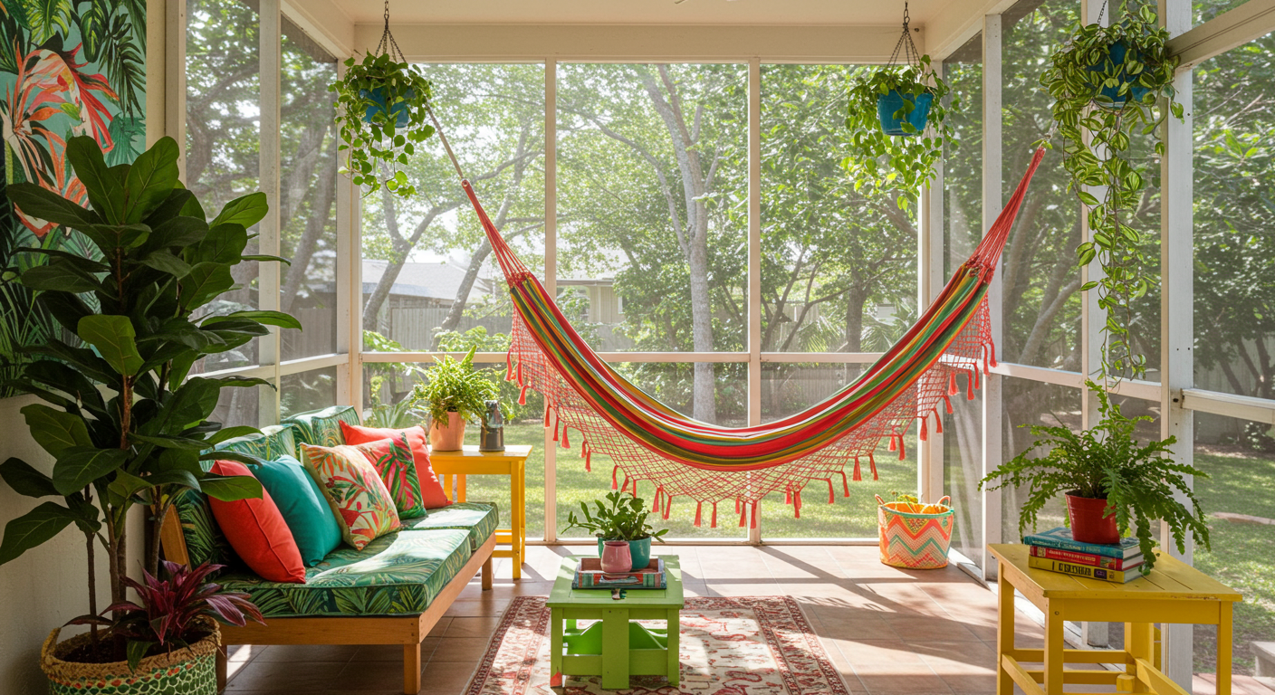 A vibrant screened-in porch decorated with tropical plants, colorful cushions, and a hammock. The setting evokes a vacation vibe, with sunlight filtering through the screens and a view of a lush garden.